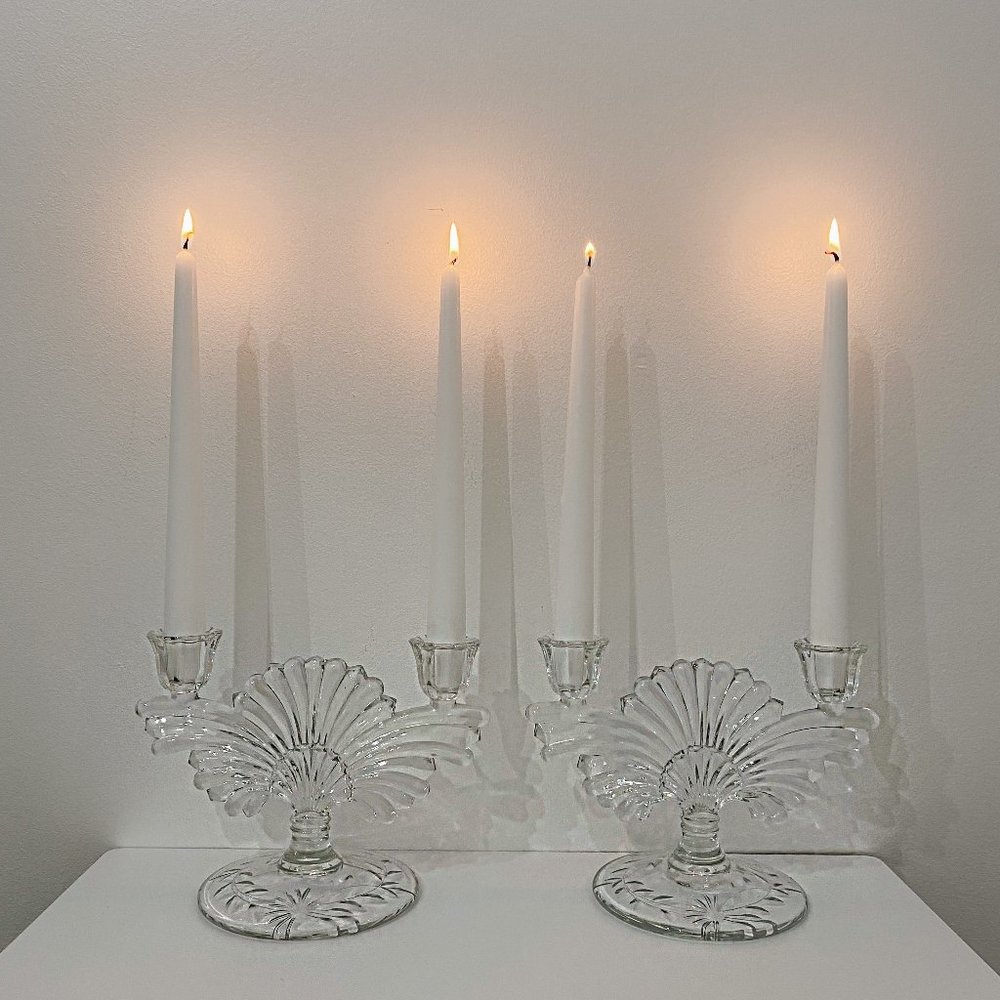 VTG Crystal Art Deco Paden City Maya Glass Candle Holders, Set of 2